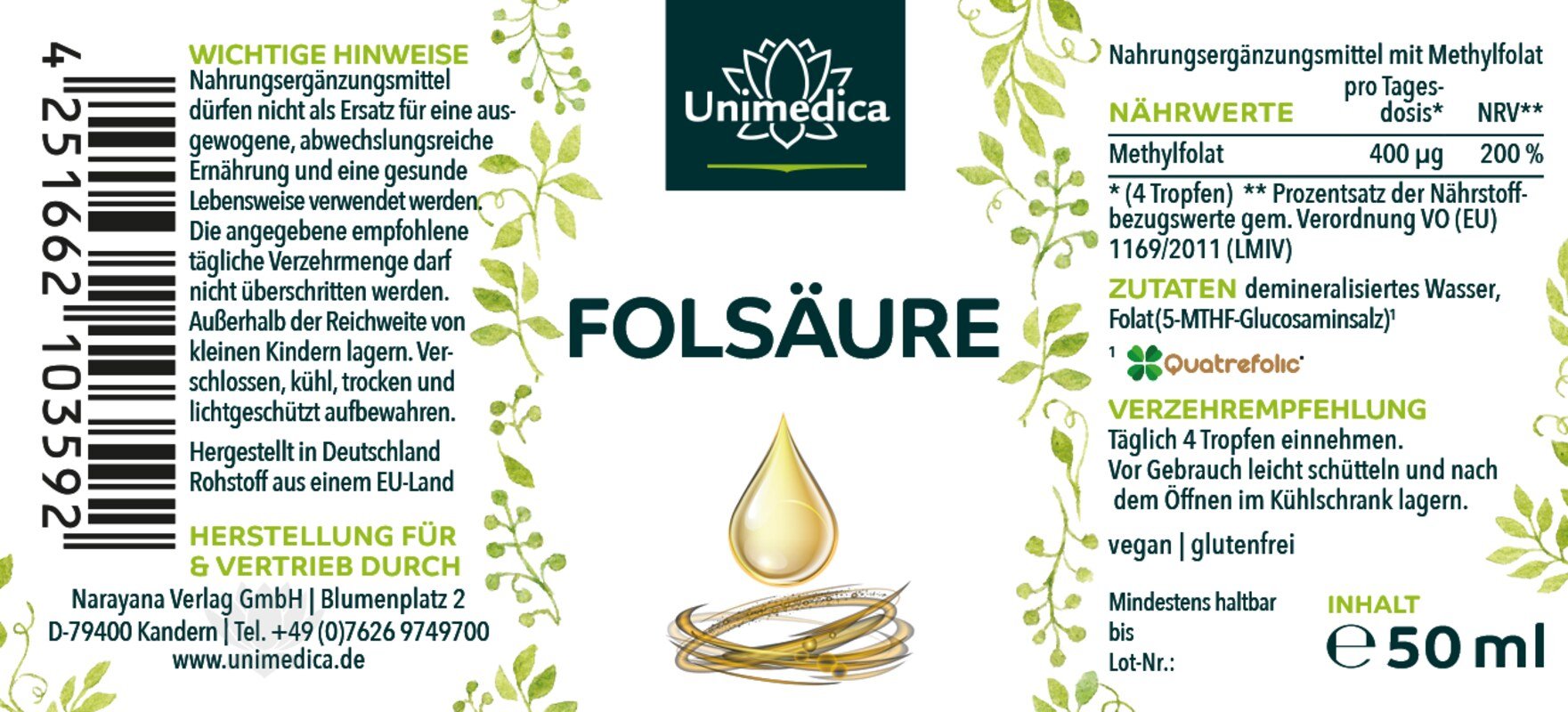 Gouttes d'acide folique - Quatrefolic® - 50 ml - par Unimedica