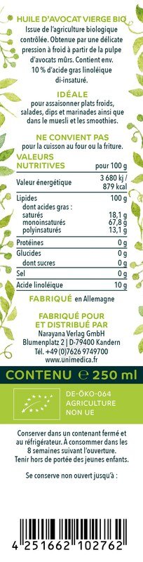 Huile d'avocat vierge BIO - 250 ml - par Unimedica