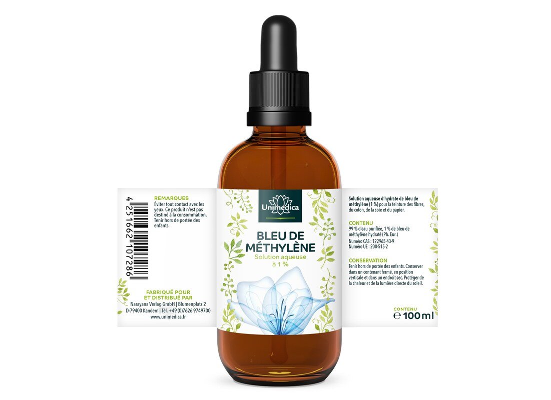 Lot de 3: Bleu de méthylène  solution aqueuse à 1 % - pureté de 99,8 %  - exempt de métaux lourds - 3 x 100 ml  par Unimedica