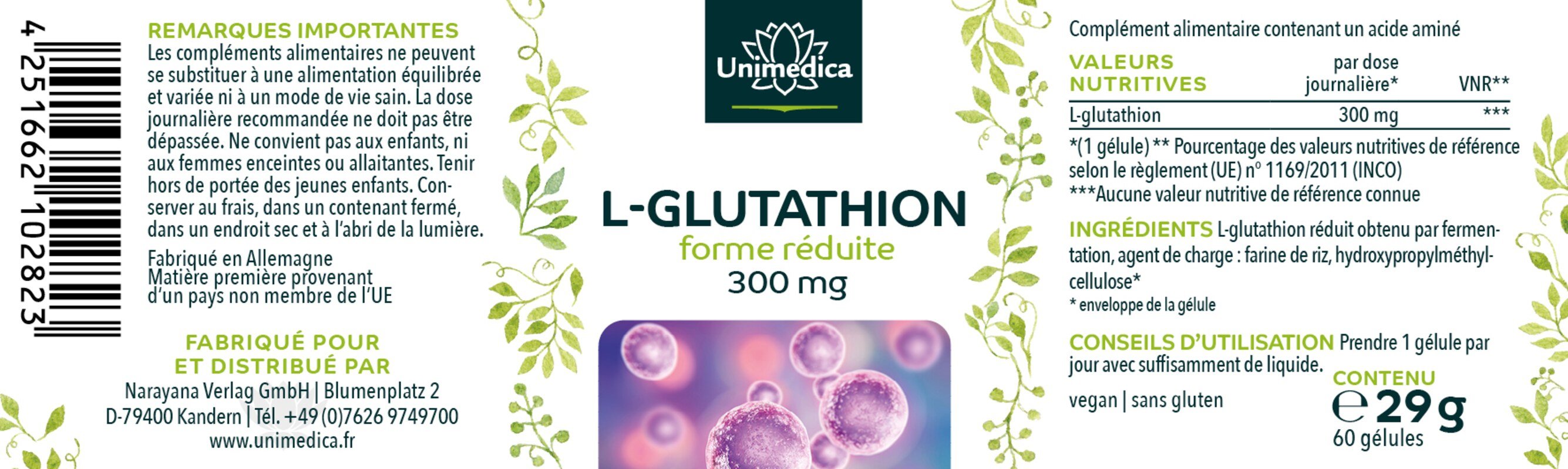 L-glutathion réduit - 300 mg, dose élevée, de fermentation naturelle, 60 gélules - d'Unimedica