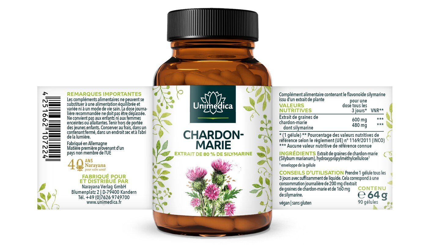 Extrait de Chardon-Marie - 480 mg de silymarine par dose de 3 jours (1 gélule) - 90 gélules - par Unimedica