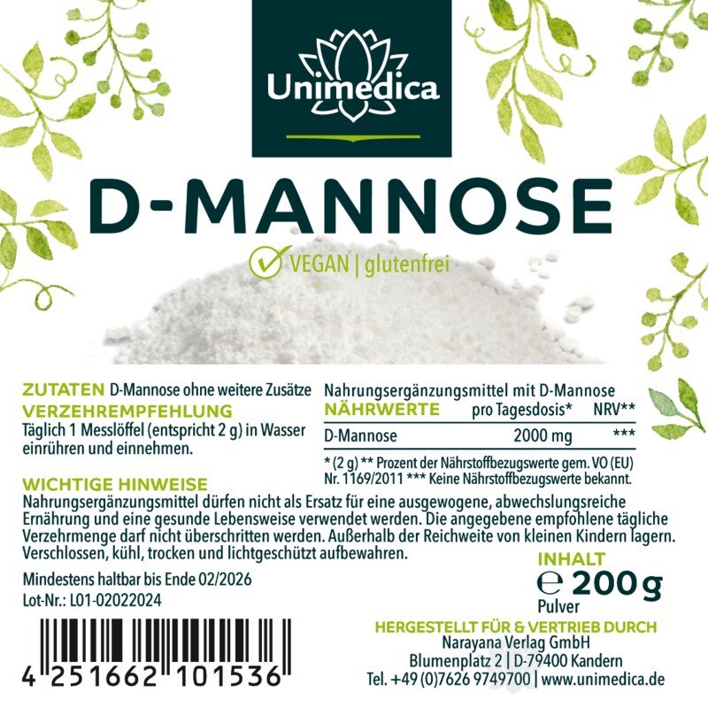 D-mannose  2 000 mg par dose journalière - 200 g de poudre - par Unimedica