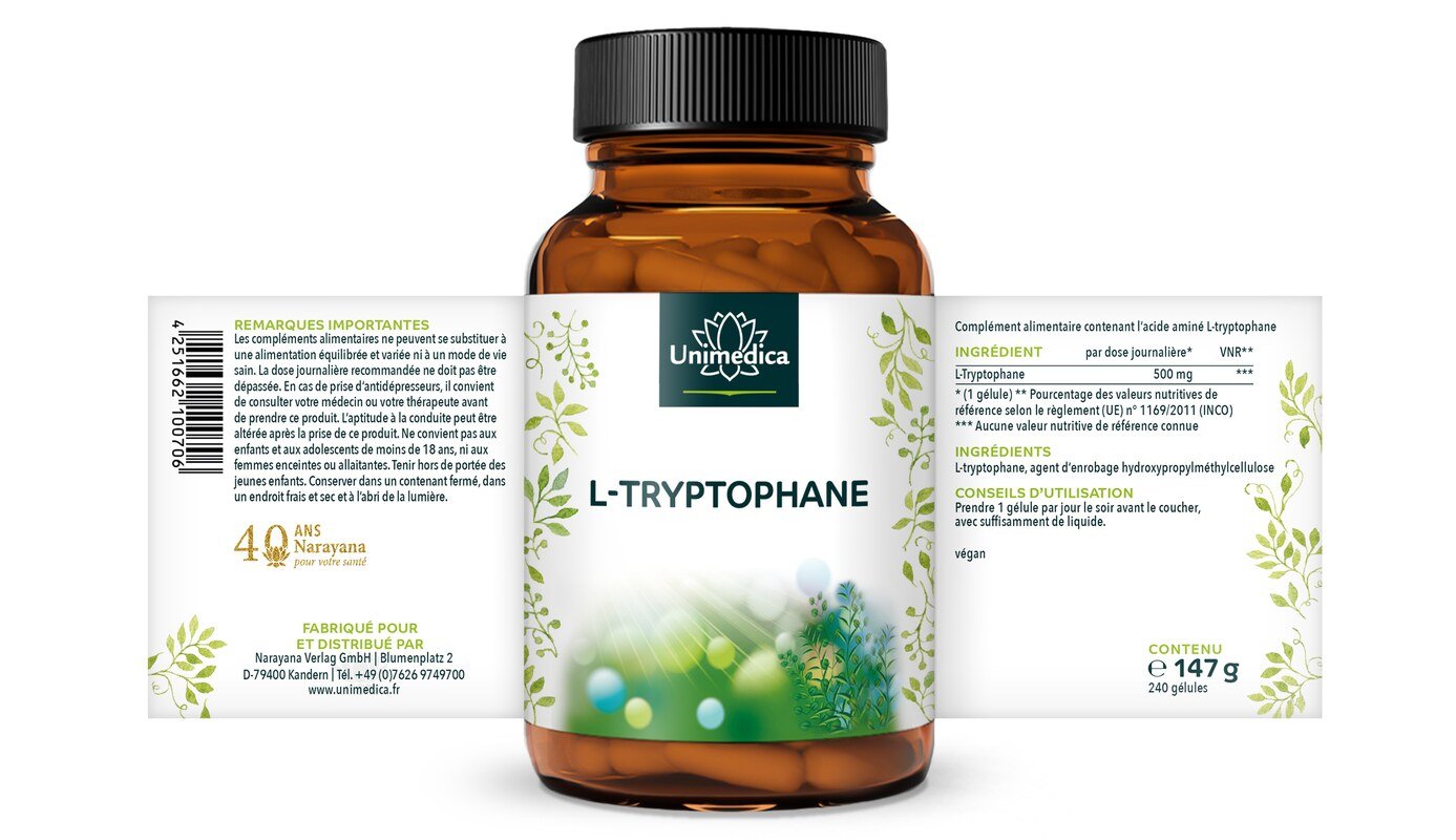 Lot de 2: L-Tryptophan - 500 mg par dose journalière - 2 x 240 gélules - par Unimedica