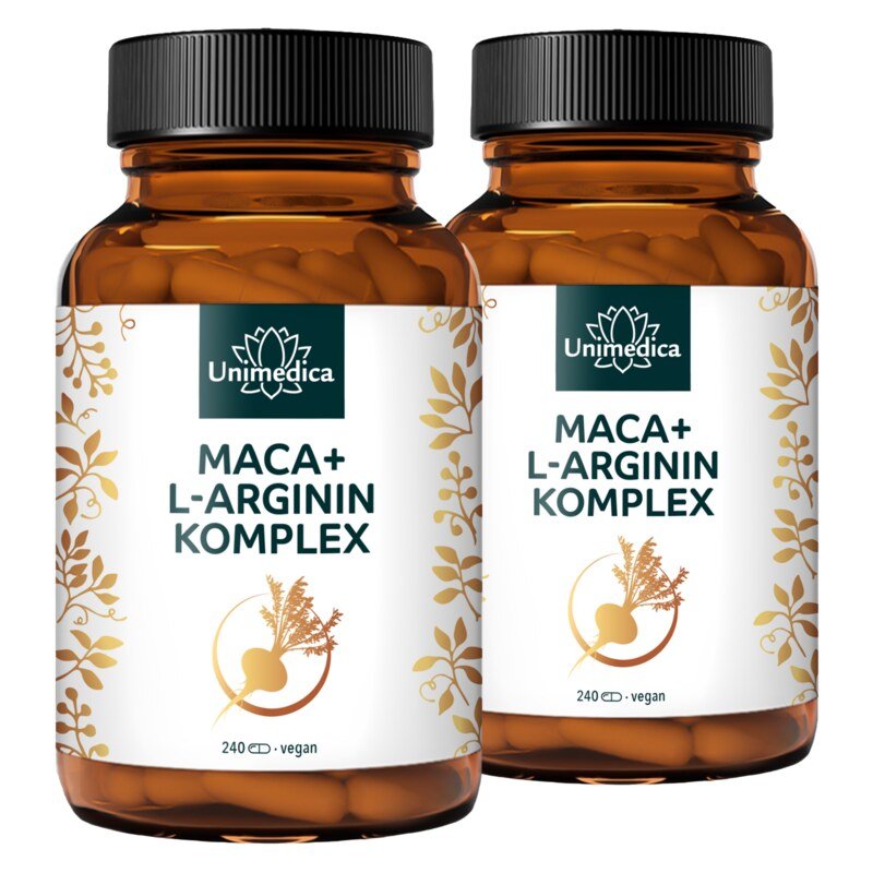 Lot de 2: Complexe  Maca + L-arginine forte avec vitamines C, B6, B12 et zinc - dosage élevé - 480 gélules - Unimedica