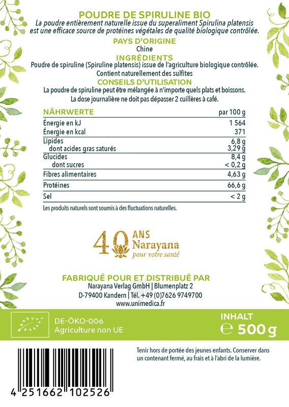 Poudre de spiruline BIO - 500 g - par Unimedica