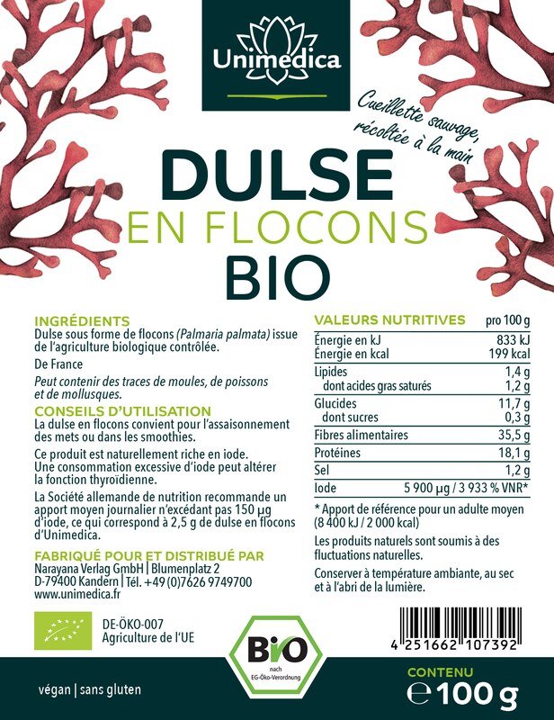 Dulse en flocons BIO - Qualité premium française  sans restes de coquilles - 100 g - par Unimedica