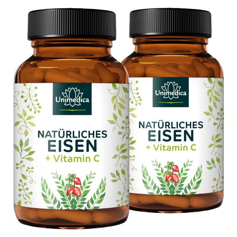 Lot de 2: Fer naturel issu d'extrait de feuille de curry + vitamine C issue d'extrait de cynorrhodon - 28 mg de fer + 160 mg de vitamine C par dose journalière  2 x 180 gélules - par Unimedica