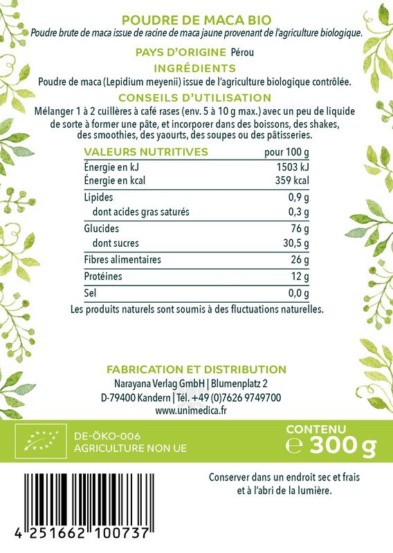 Maca en poudre bio - 300 g - par Unimedica