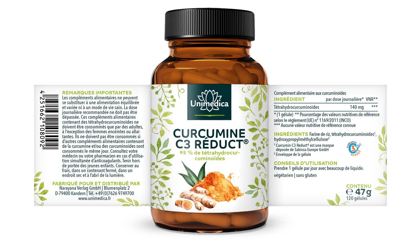 Curcumine C3 Reduct® - 140 mg de curcuminoïdes purs par dose journalière (1 gélule) - 120 gélules - par Unimedica