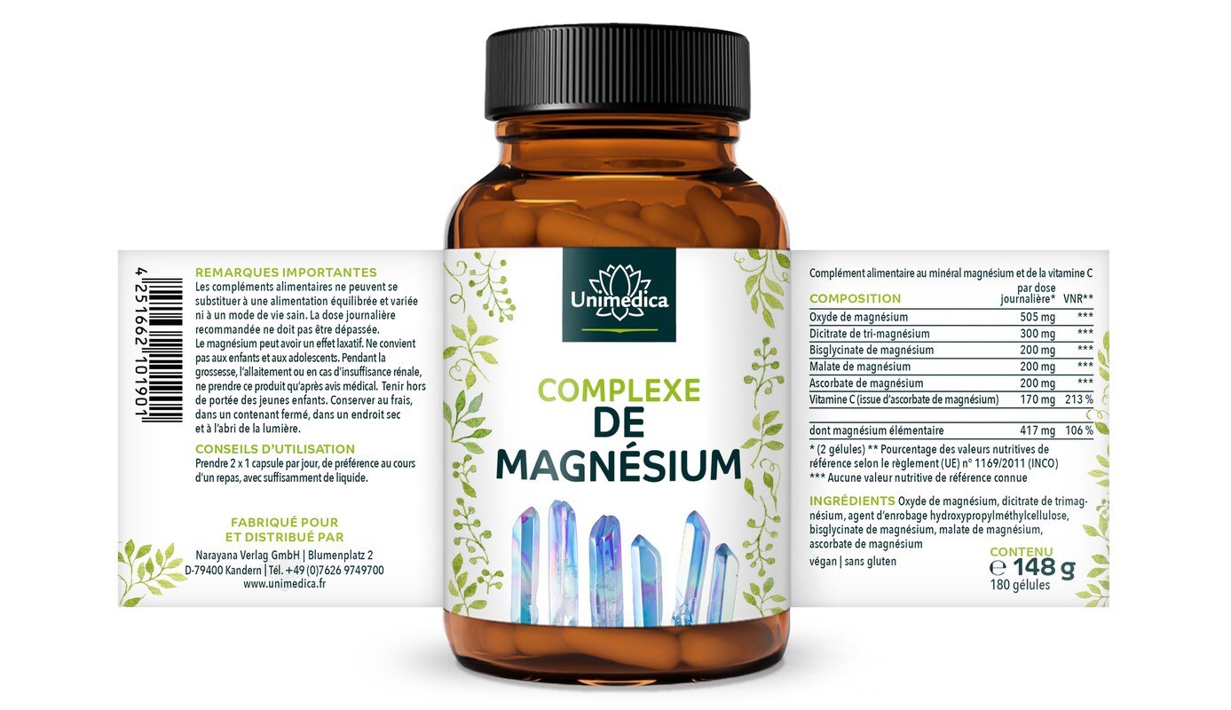 Complexe de magnésium - 417 mg de magnésium élémentaire par dose journalière - 180 gélules - Unimedica