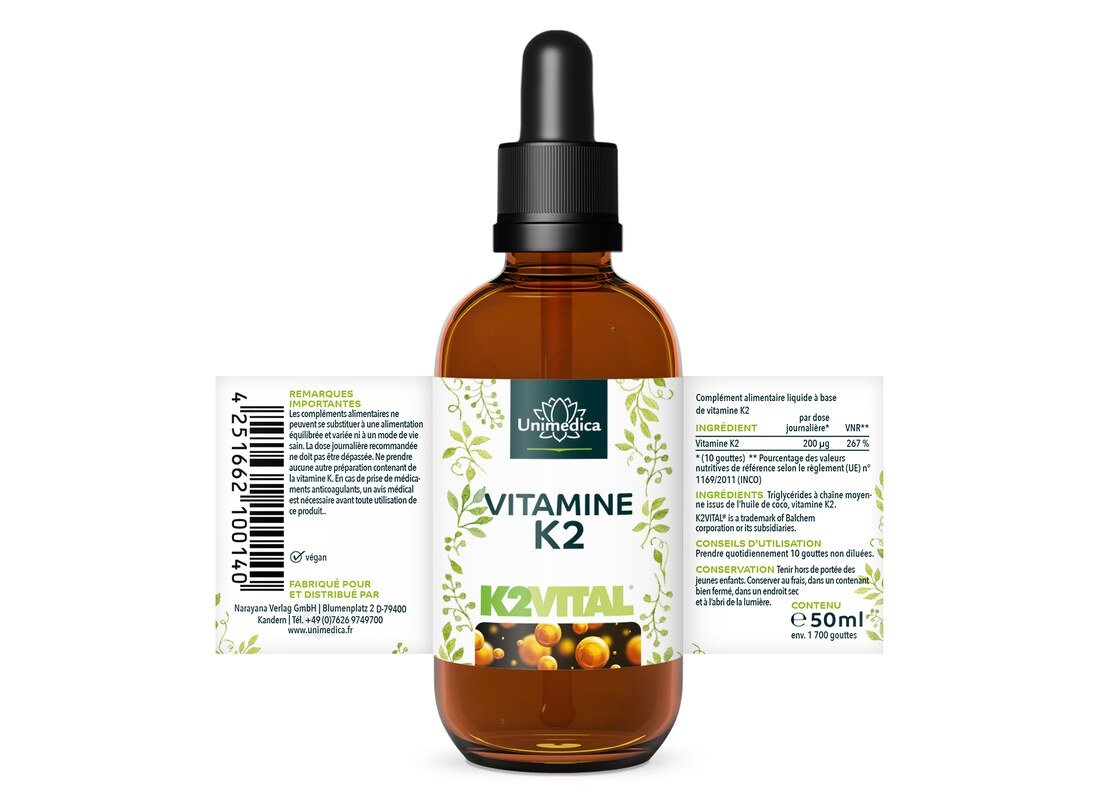 Vitamine K2 gouttes - 200 µg par dose journalière - MK7 All-trans - hautement dosé - 50 ml - de Unimedica