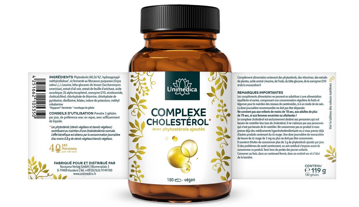 Complexe cholestérol* - avec 42,6 % de phytostérols  180 gélules  par Unimedica