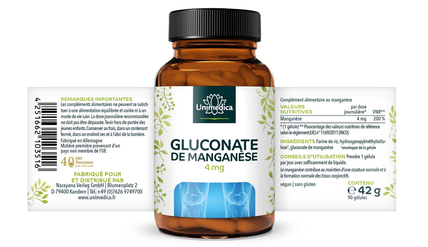 Manganèse  gluconate de manganèse 4 mg - 90 gélules - par Unimedica