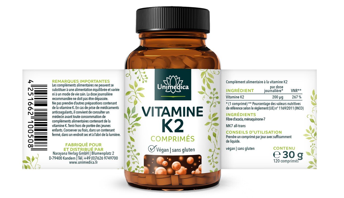 Vitamine K2 - MK7-All-trans - 200 µg par dose quotidienne (1 comprimé) - 120 comprimés - par Unimedica
