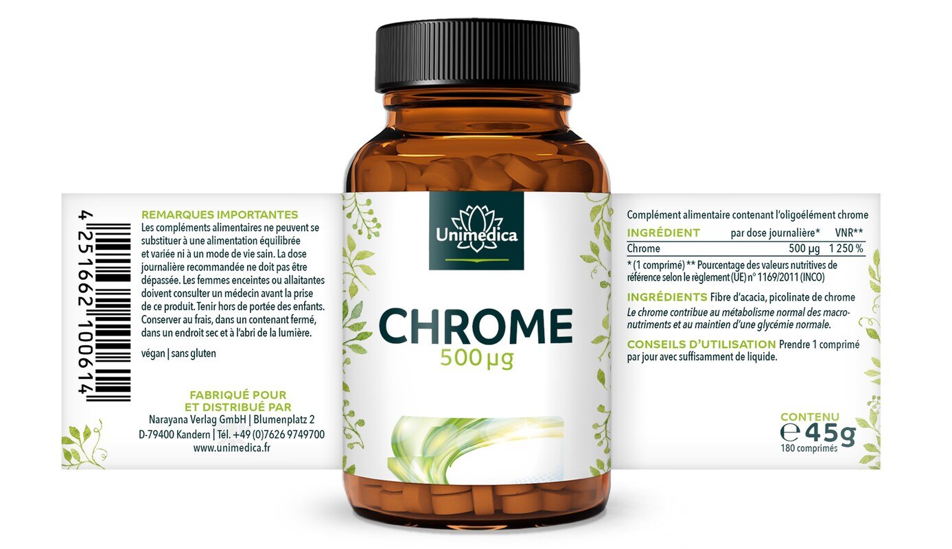 Chrome - 500 µg par dose journalière (1 comprimé) - 180 comprimés - par Unimedica