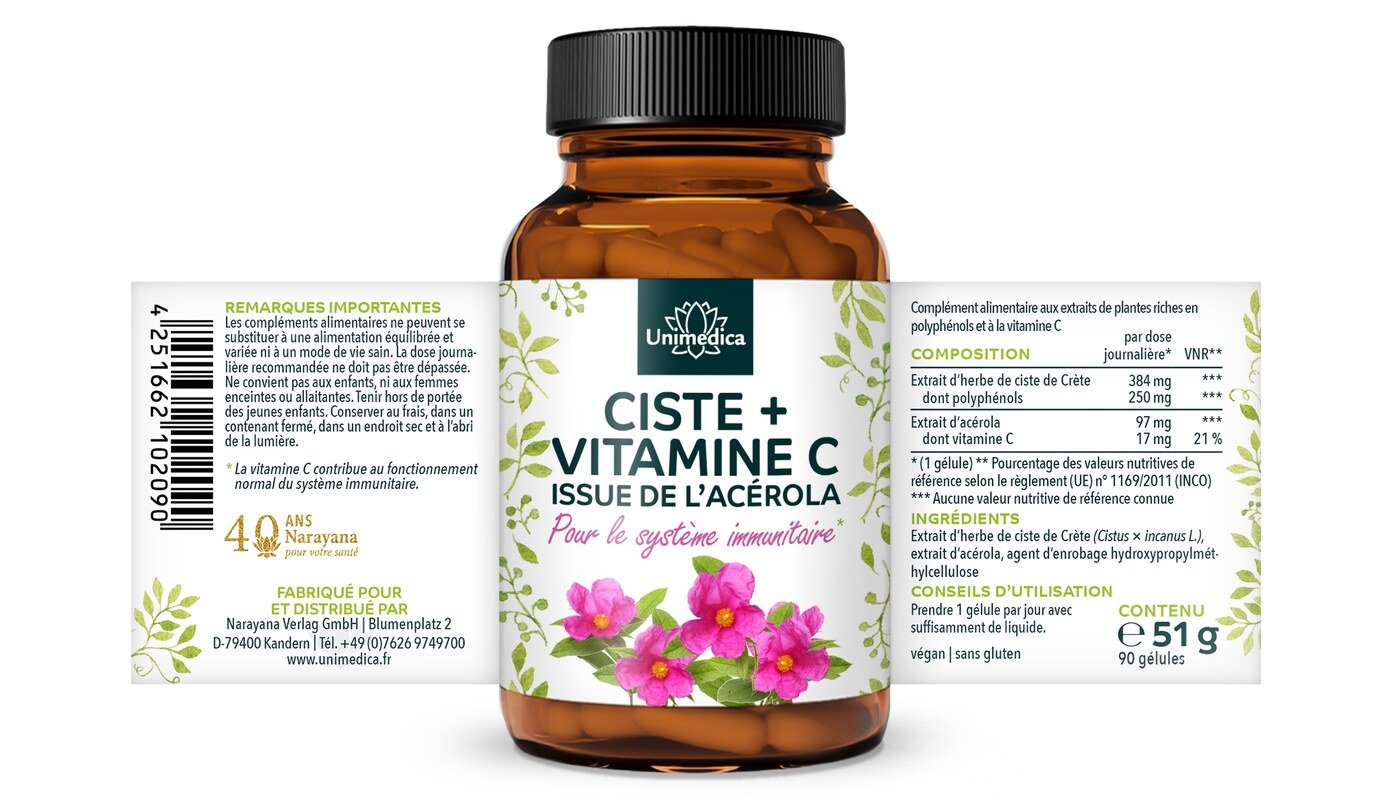 Herbe de ciste avec vitamine C de l'acérola - avec 384 mg d'extrait de ciste par gélule - 90 gélules  par Unimedica