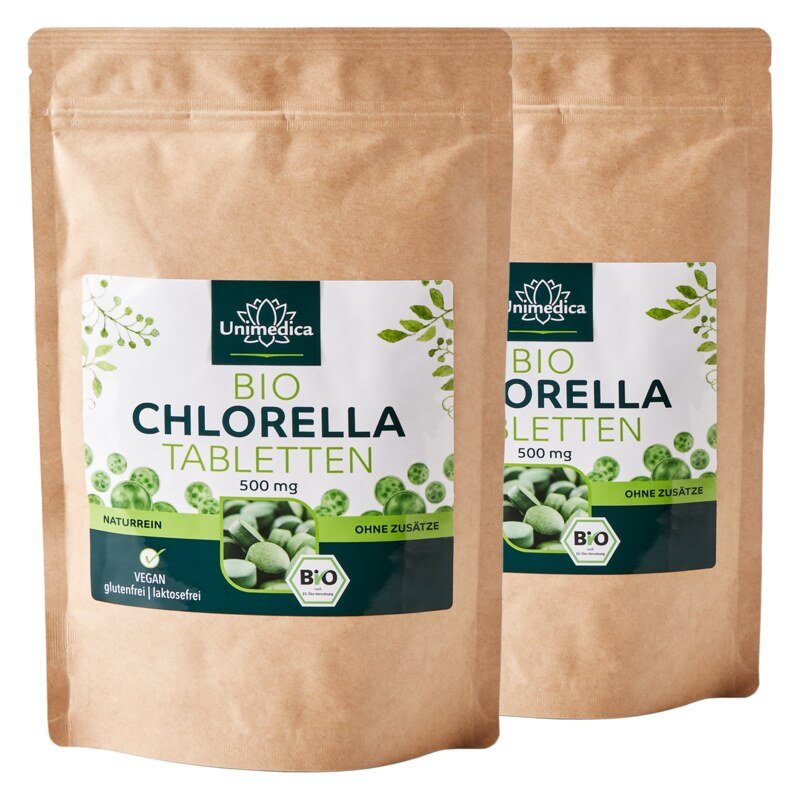 Lot de 2: Chlorella BIO - 2 x 500 comprimés contenant chacun 500 mg de poudre de chlorella pure - testée en laboratoire et naturelle - par Unimedica