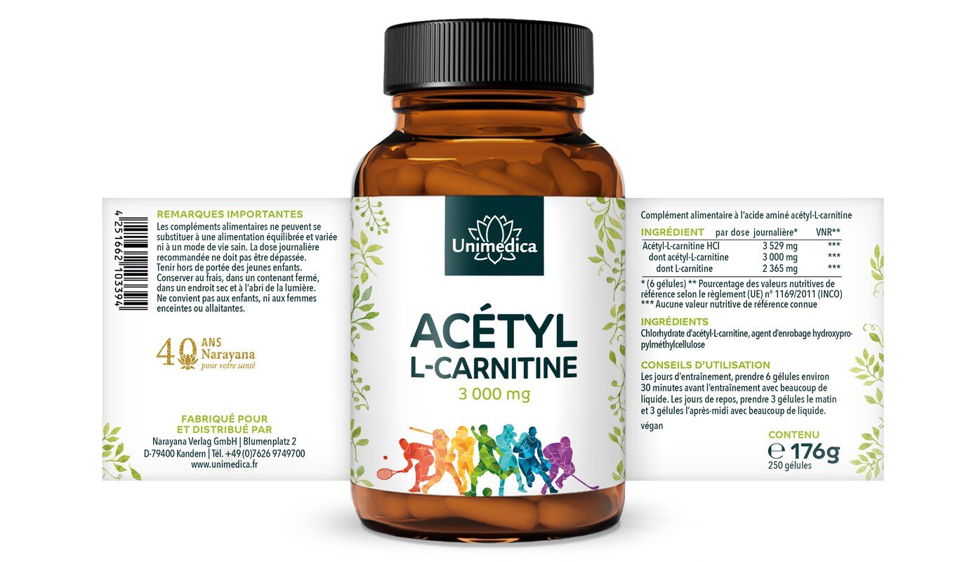 Lot de 2: Acétyl L-carnitine  3 000 mg - 2 x 250 gélules - par Unimedica