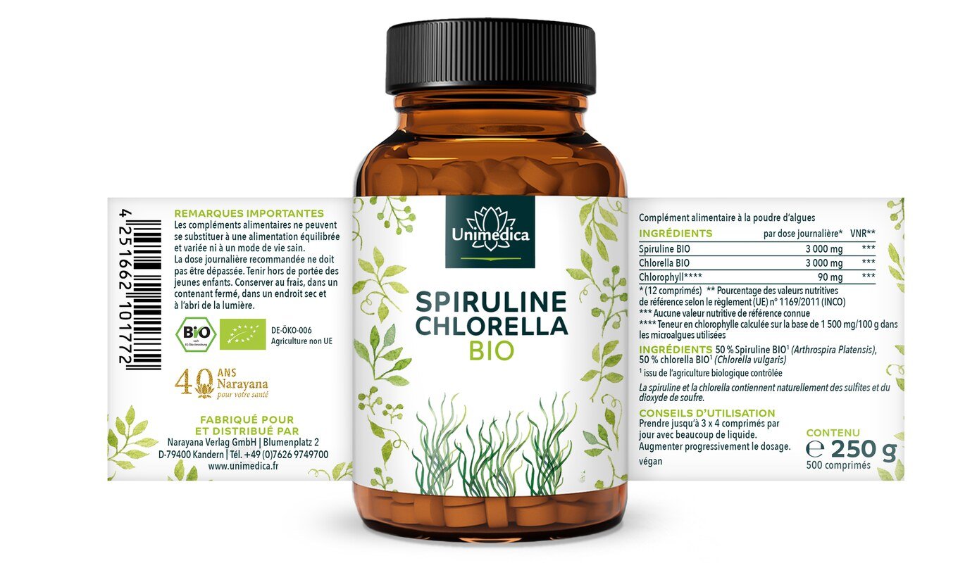 Spiruline BIO et chlorella BIO  3 000 mg - 1:1 - 500 comprimés - Unimedica
