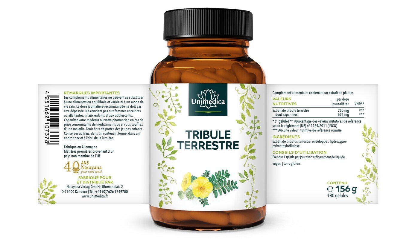 Lot de 2: Tribule terrestre - dont 90 % de saponines - 750 mg d'extrait de tribule terrestre par dose journalière (1 gélule) - 2 x 180 gélules - par Unimedica