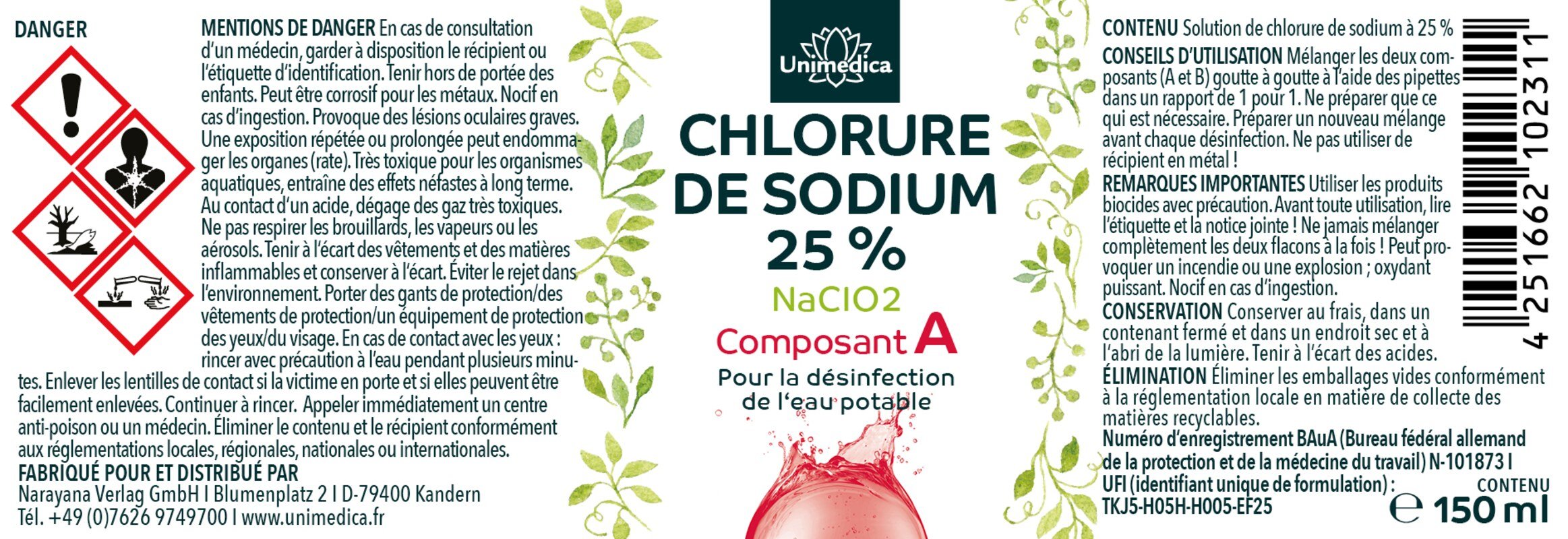 Chlorite de sodium 25% + acide chlorhydrique 4% Ph.Eur. - Lot de 2 x150 ml