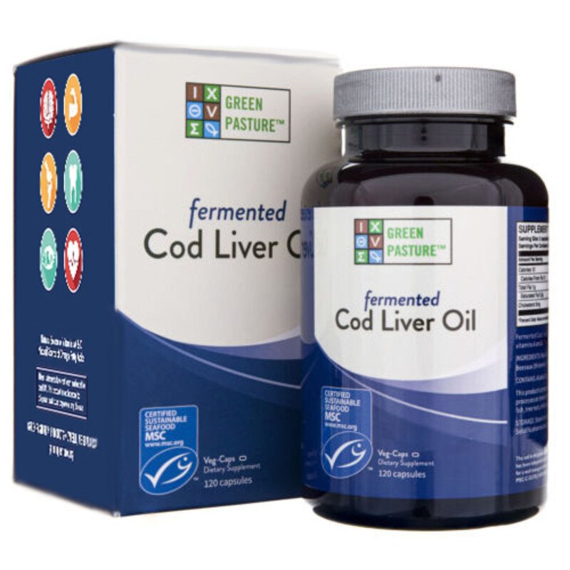 Huile de foie de morue fermentée -"Green Pasture's Blue Ice Royal" 120 Gélules