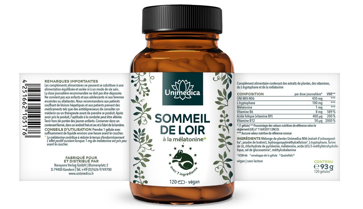 Lot de 2: Siebenschläfer* - Complexe à la mélatonine, aux vitamines, au L-tryptophane, à l'ashwagandha BIO et au brahmi BIO - 2 x 120 gélules - par Unimedica