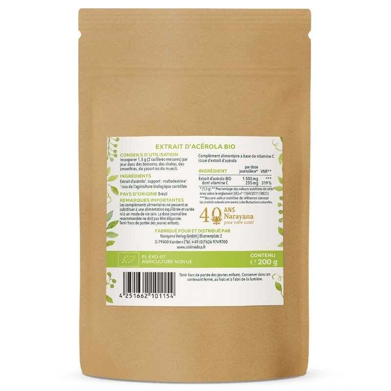 Poudre d'acérola bio -17% de vitamine C naturelle issue de la cerise acérola - 200 g - Unimedica