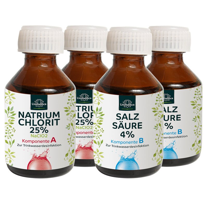 Lot: 2x Chlorite de sodium 25% + 2x acide chlorhydrique 4% Ph.Eur. - par Unimedica