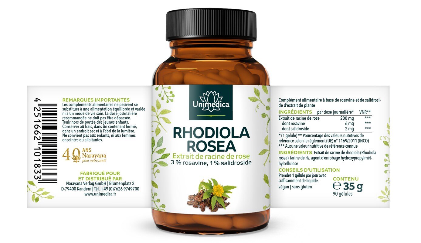 Rhodiola Rosea  Extrait d'orpin rose - 200 mg - 90 gélules - par Unimedica