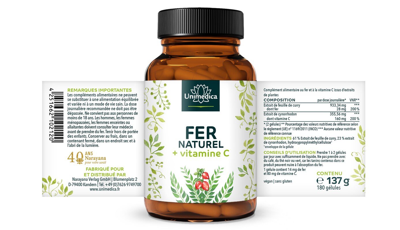 Lot de 2: Fer naturel issu d'extrait de feuille de curry + vitamine C issue d'extrait de cynorrhodon - 28 mg de fer + 160 mg de vitamine C par dose journalière  2 x 180 gélules - par Unimedica