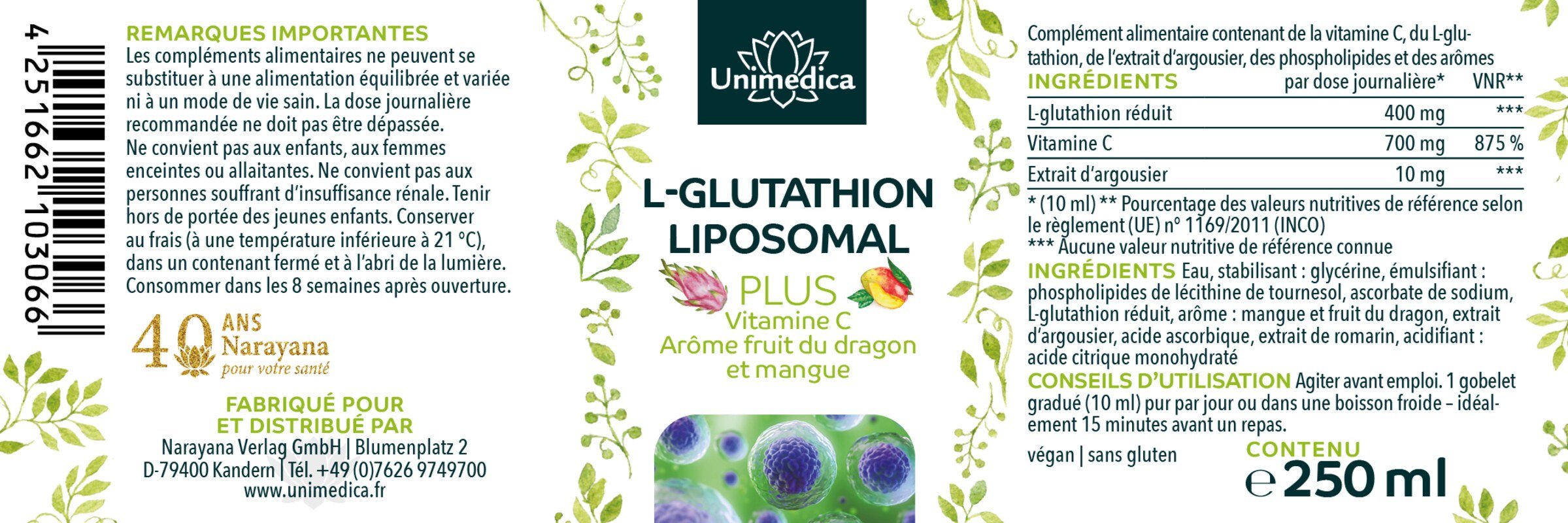 L-GLUTATHION LIPOSOMAL PLUS Fruit du dragon et mangue  250 ml - par Unimedica