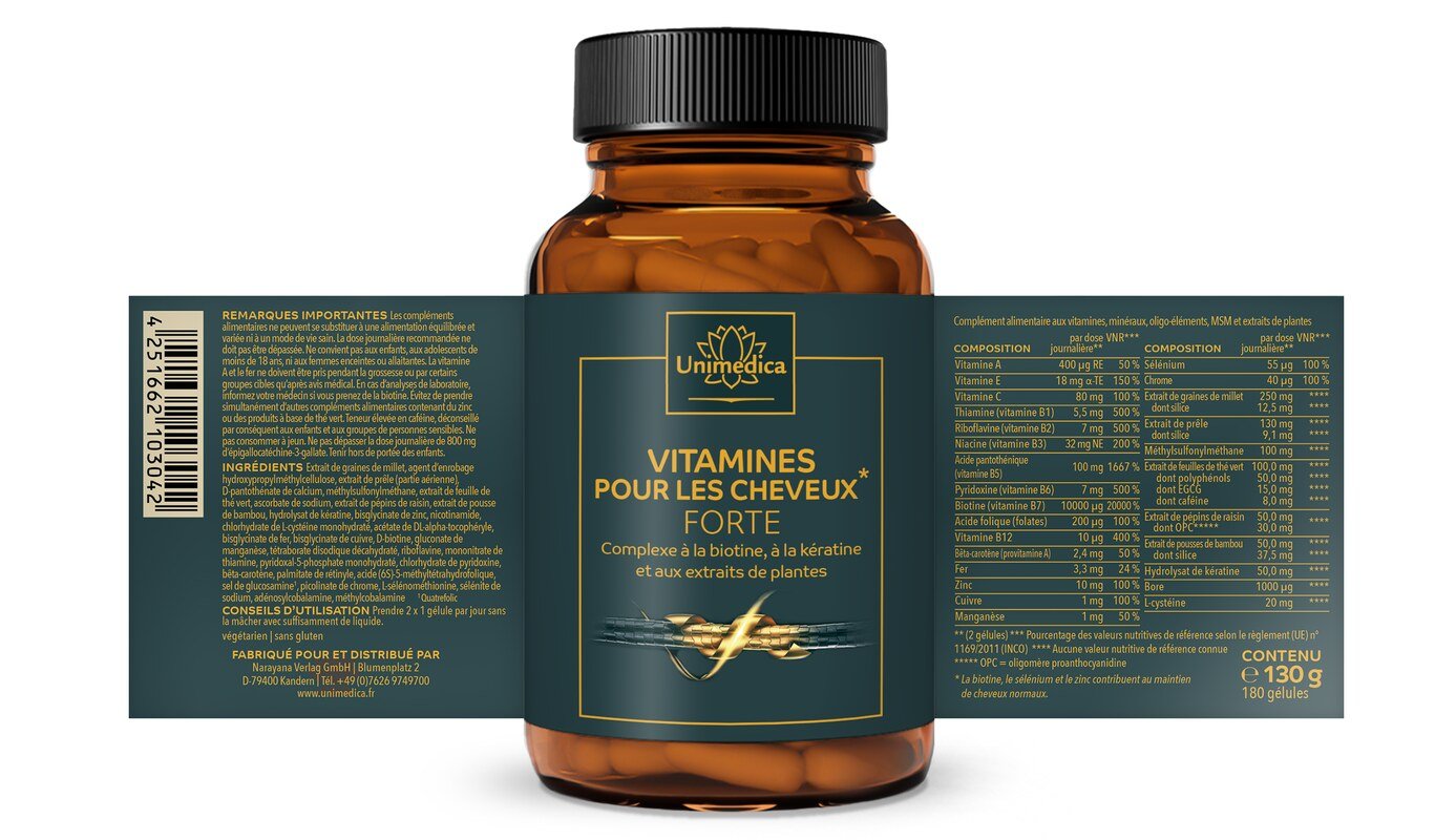 Lot: Pack Vitamines pour cheveux - Vitamines pour cheveux forte - 180 gélules ET fenugrec Bio - 2 400 mg par dose journalière - forte concentration - 180 gélules - par Unimedica